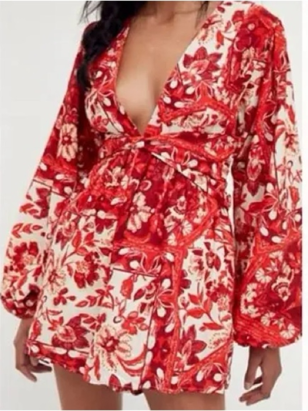Free People Red Floral Plunge Romper